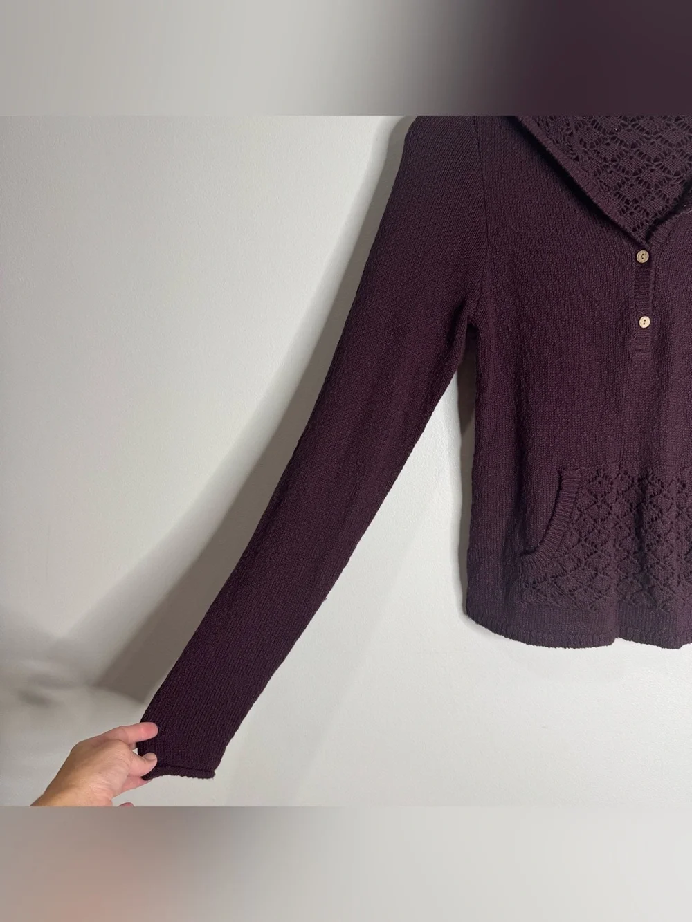 Free People Crochet Hooded Henley Sweater Plum Purple Cotton Blend Beach Small